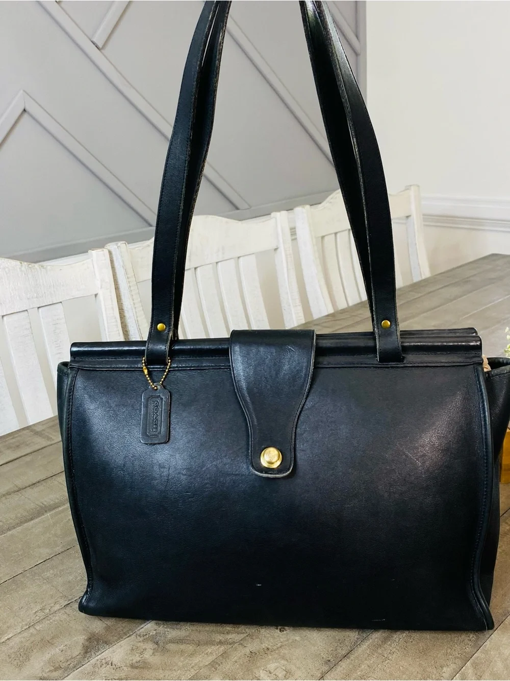 90s Vintage Coach Barclay Tote Black Glove Tanned Leather Business Bag USA - Picture 2 of 14